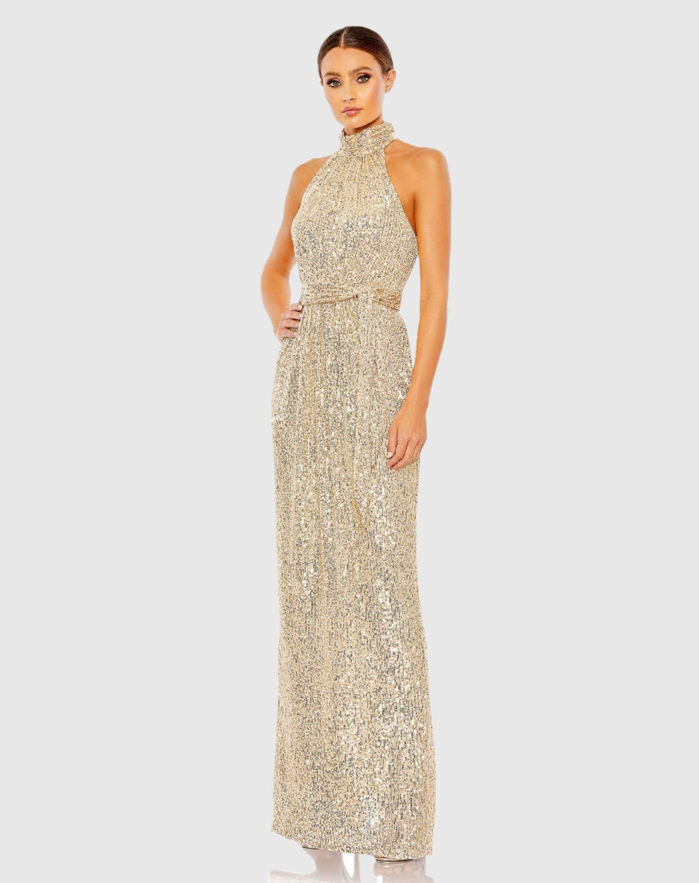 Nwt Mac Duggal Sz 14 Sequined Halter Neck Belted Soft Tie Gown Champagne